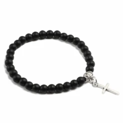 Stone Bead Religious Bracelet With Cross Charm -Lords Guidance Shop StoneBeadBraceletMatteBlack