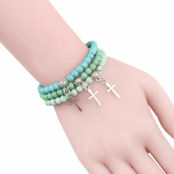 Stone Bead Religious Bracelet With Cross Charm -Lords Guidance Shop StoneBeadBraceletModel