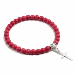 Stone Bead Religious Bracelet With Cross Charm -Lords Guidance Shop StoneBeadBraceletRed