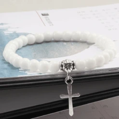 Stone Bead Religious Bracelet With Cross Charm -Lords Guidance Shop StoneBeadBraceletWhite