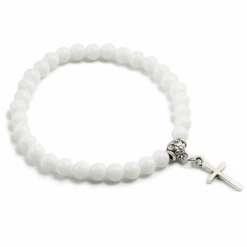 Stone Bead Religious Bracelet With Cross Charm -Lords Guidance Shop StoneBeadBraceletWhitePorcelain