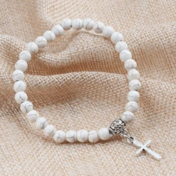 Stone Bead Religious Bracelet With Cross Charm -Lords Guidance Shop StoneBeadBraceletWhiteStoneEffect